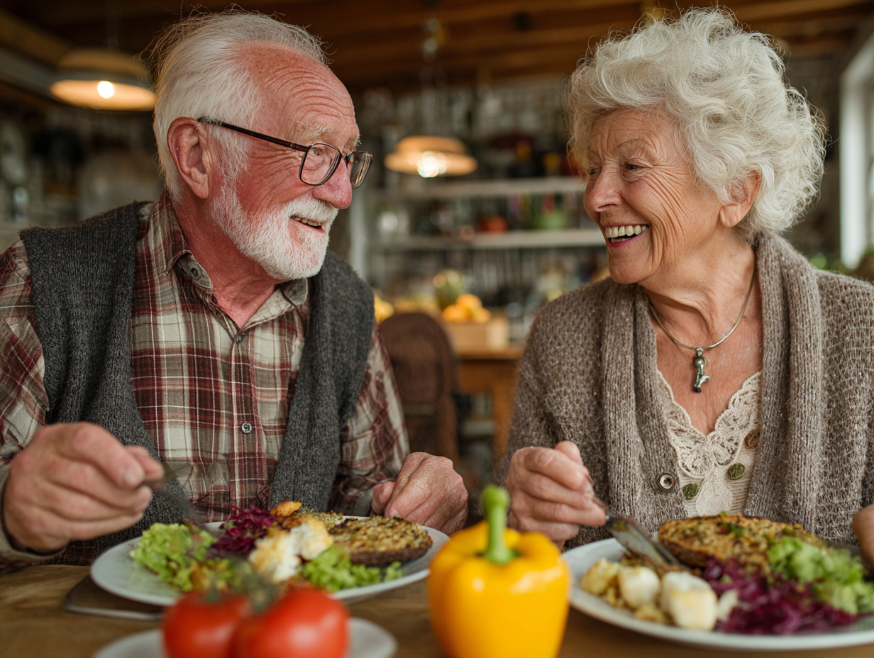 Щаслива сім'я людей старшого віку за обіднім столом з здоровою їжею